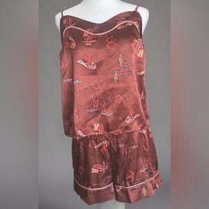 Silky Brown Cowgirl Pajama Loungewear cami 2 pc Short Set horse Boho Women’s S/M